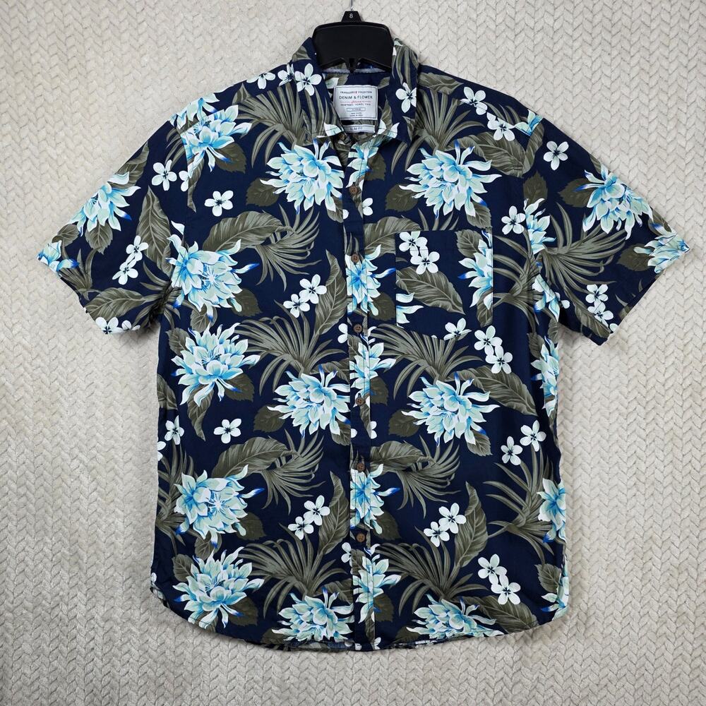 Denim & Flower Button Up Shirt Mens XL Slim Blue Floral Tropical Cotton Resort